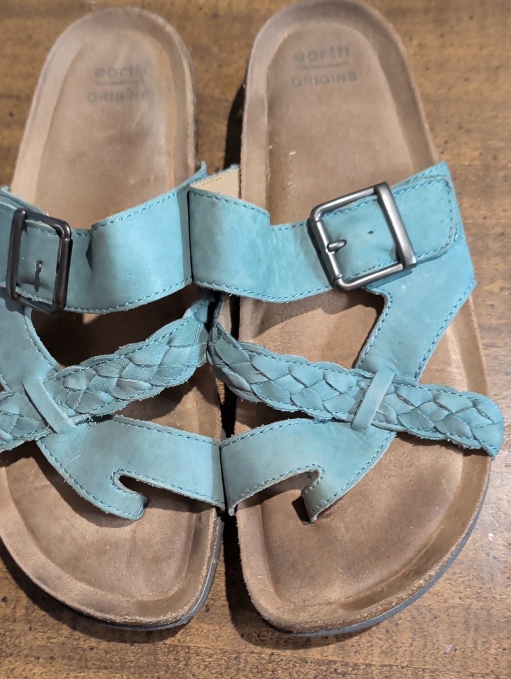 Earth Origins Women's Teal Braided Leather Slide Sandals
